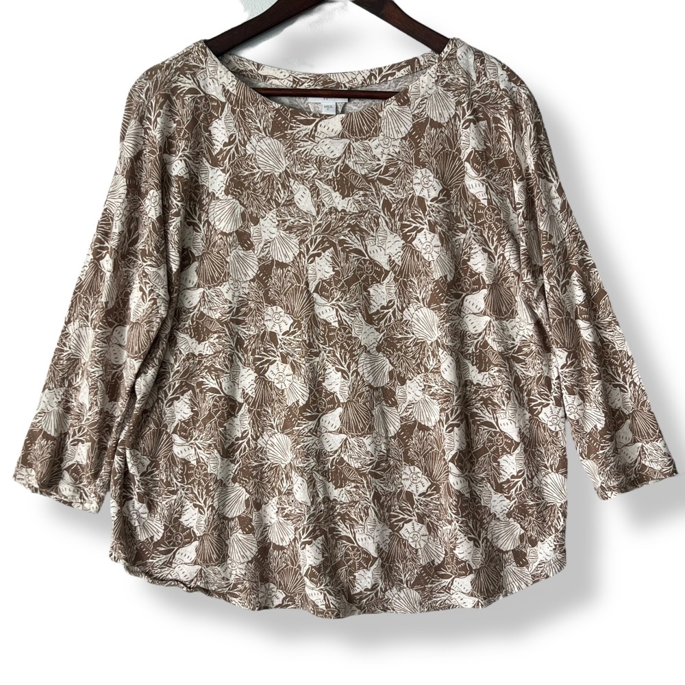 J. Jill Top M Brown Sea Shell Coral Linen Blend Pleat Back Beach Ocean Neutral